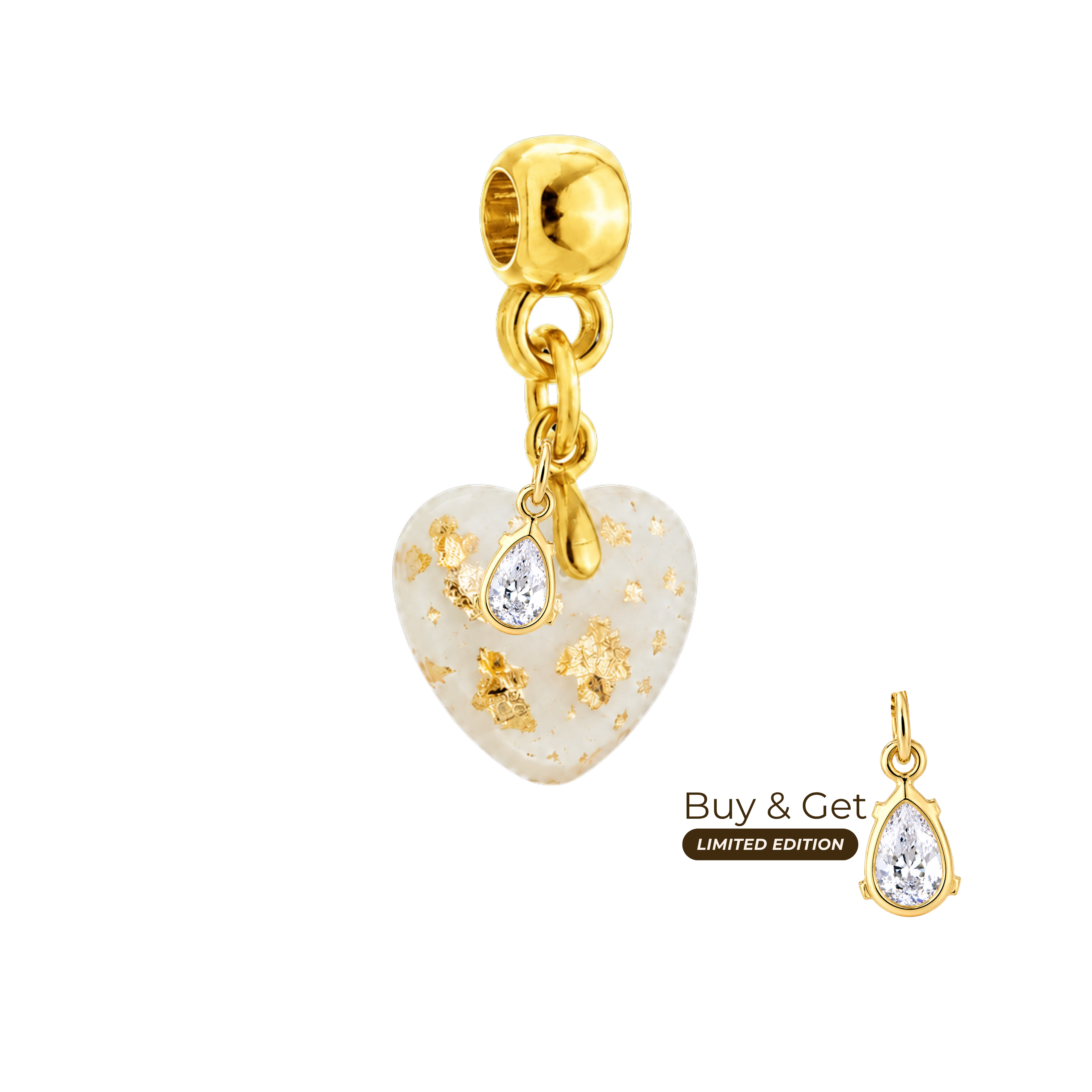 Charm Mini Cœur Rondouillard avec Feuille d’Or et Goutte de Zircone VIP
